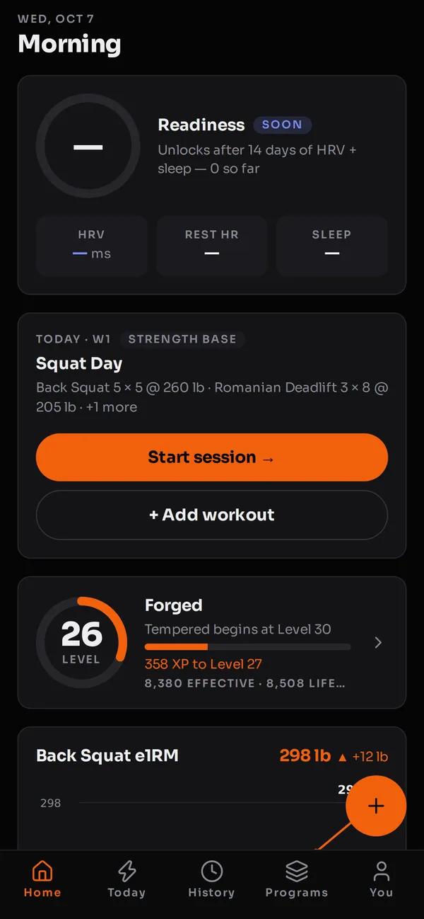 GrindOS home screen showing today's programmed workout, level, and a back squat trend