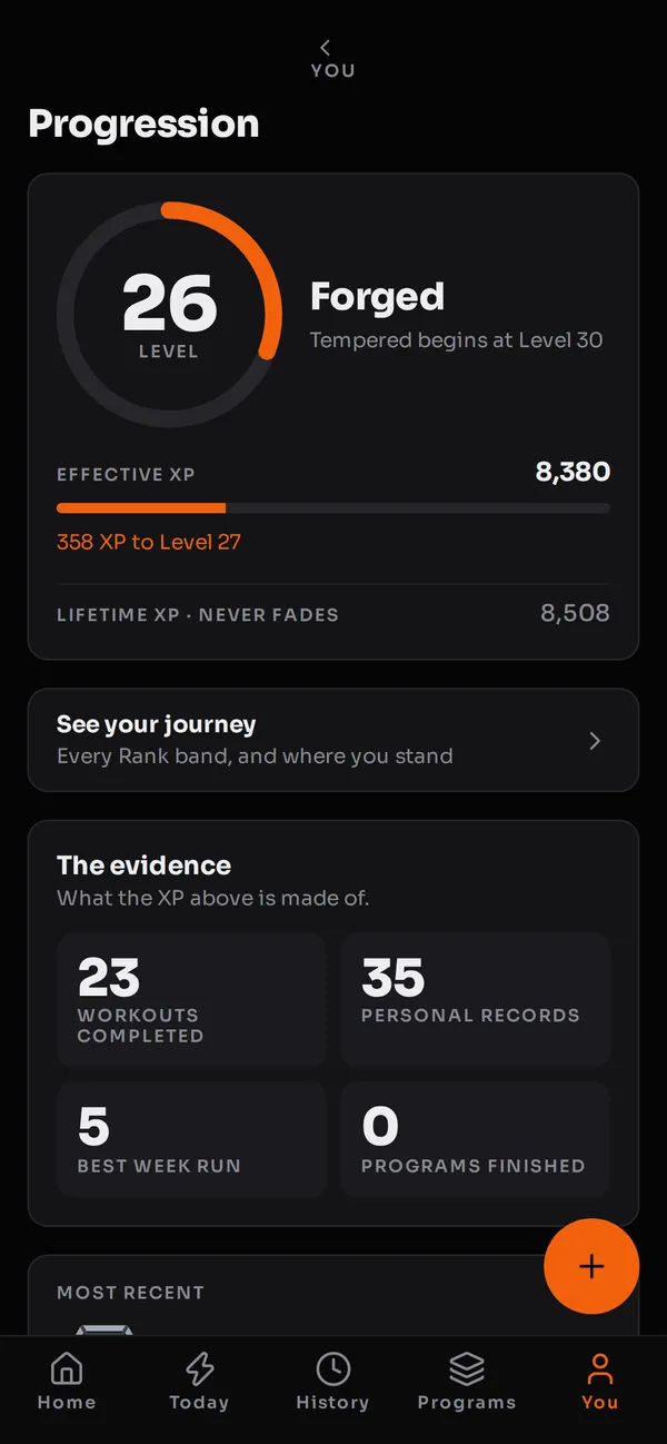 Journey screen showing level, rank, and progression evidence